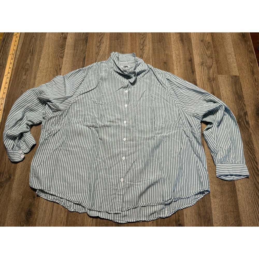 Daily Thread Shirt, Women's 2X, Green White Striped Long Sleeve Button Up Shirt